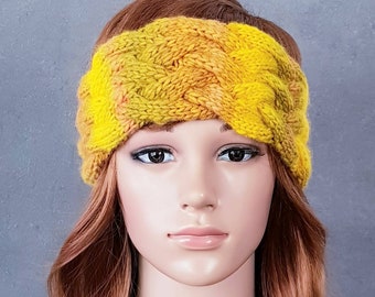 gestricktes Stirnband im keltischen Stil im Farbverlauf gelb braun für Frauen aus sehr dicker Wolle handgearbeitet, Winter Accessoire