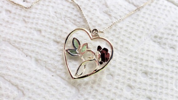 Heart-shaped Red Rose and Green Leaf Pendant Neck… - image 5