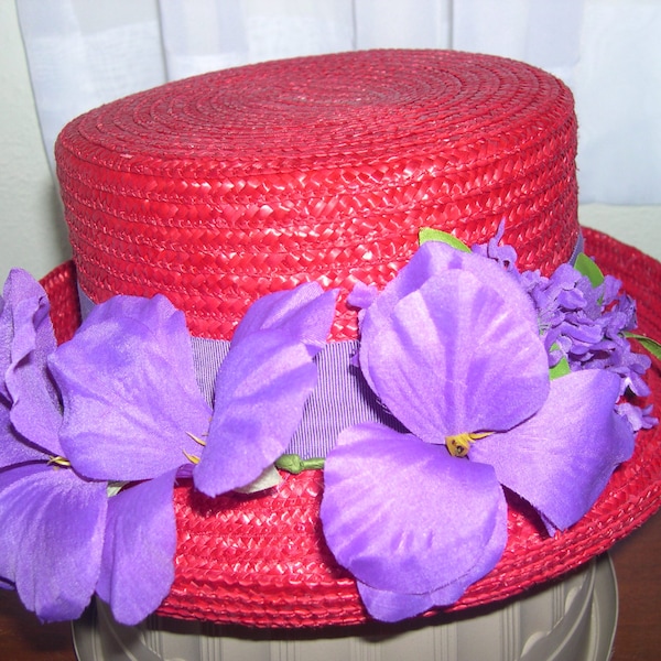 Red and Purple vintage Jenny Buchanan Straw hat FREE USA SHIPPING