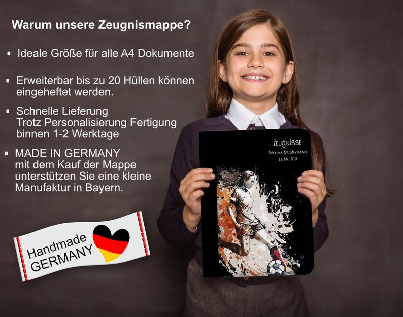 Zeugnismappe Zeugnisse Sichtbuch Mädchen Dokumentenmappe A4 Fußballspielerin weiß schwarz Bild 4