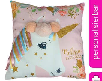 Pink unicorn cushion personalized with name