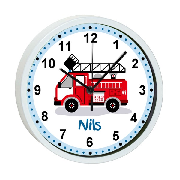 Children's wall clock with colorful frame motif fire brigade turntable ladder