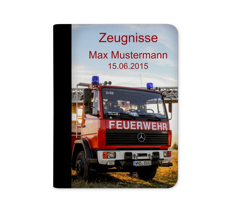 zeugnismappe personalisiert mit Namen Feuerwehr Drehleiter afbeelding 1