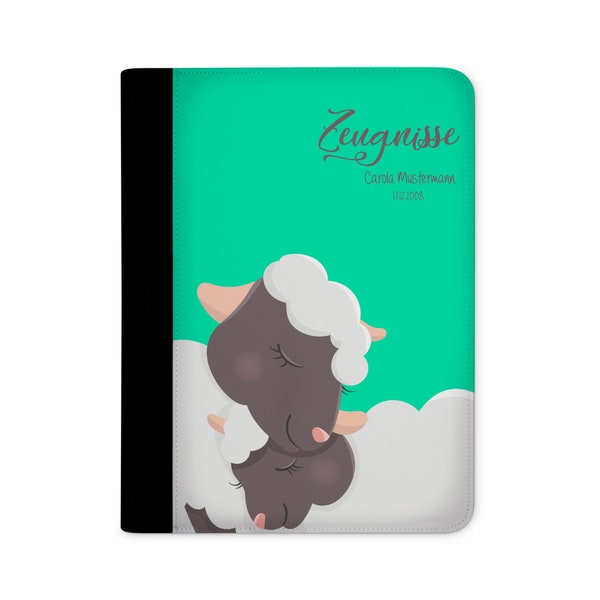 certificate folder personalized with name sheep in love turquoise