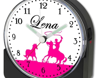 Radio despertador infantil con motivo negro, caballo vaquero, despertador rosa, funciona silenciosamente