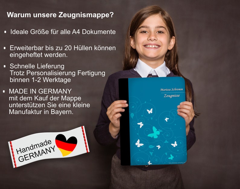 zeugnismappe personalisiert mit Namen Schmetterling Ornamente Blau image 4