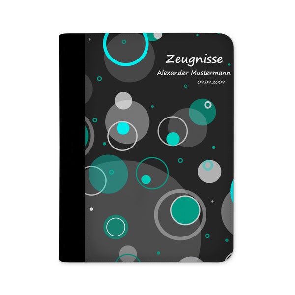 certificate folder personalized with name circles turquoise