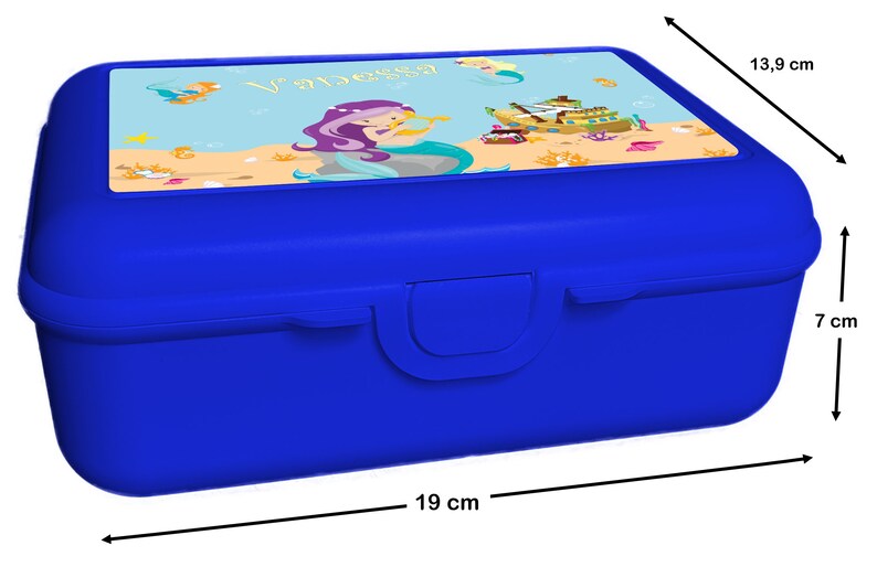 May include: Blue plastic lunchbox with a mermaid and ship design. The lid features a personalized name "Vanessa". The lunchbox measures 7 inches tall, 13.9 inches wide, and 19 inches long.