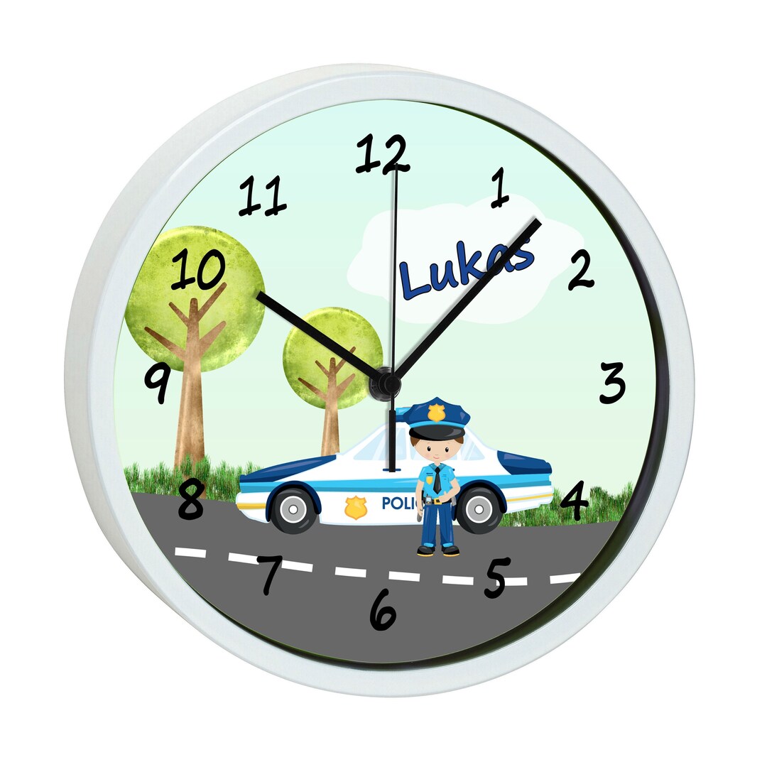 CreaDesign Wanduhr Kinder Personalisiert - Polizei Motiv Mit Namen 19,5cm