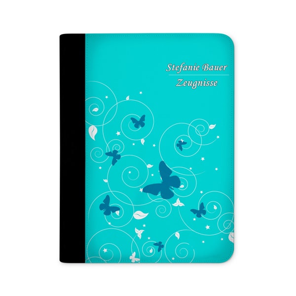 certificate folder personalized with name butterfly ornaments turquoise