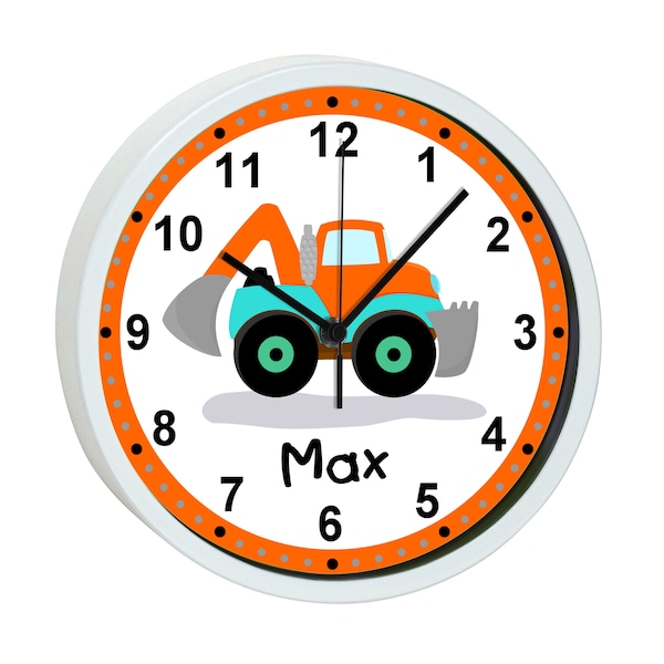 Children's wall clock with colorful frame motif excavator