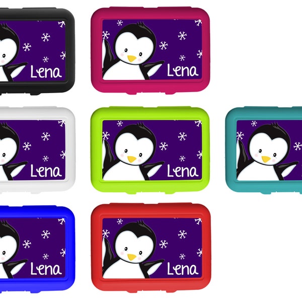 Lunch box / lunchbox / snack box / with insert motif penguin color purple