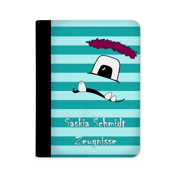 certificate folder personalized with name monster stripes turquoise