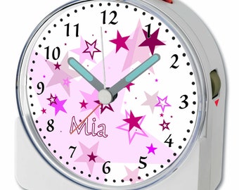 Children's fun alarm clock white motif stars pink alarm clock quiet running