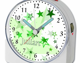 Children's fun alarm clock white motif stars green alarm clock quiet running