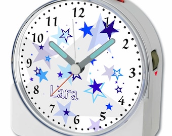 Children's fun alarm clock white motif stars blue alarm clock quiet running