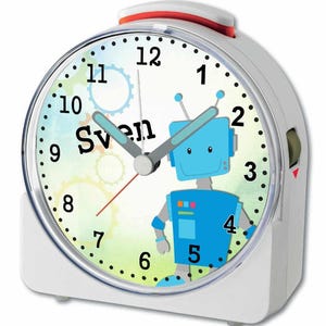 Kinderwecker, Funkwecker, Wecker, personalisiert mit Name Roboter blau