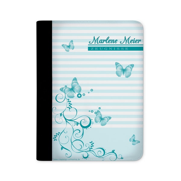 certificate folder personalized with name butterfly turquoise