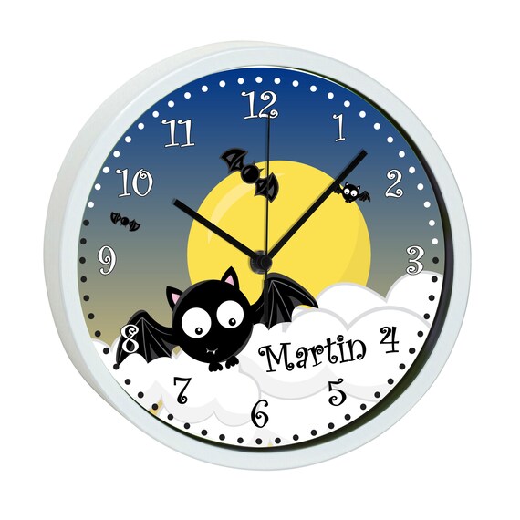 Personalisiert Wanduhr Kinderzimmer Mit Name | Motiv Hai | Schwarz 19,5cm | Individuelles Geschenk