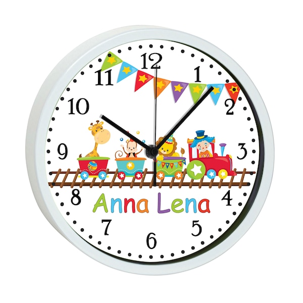 Children's wall clock with colorful frame motif train