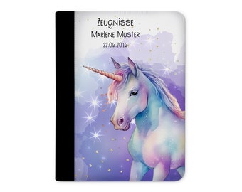 Certificate folder personalized with name Unicorn Watercolor, girls and boys