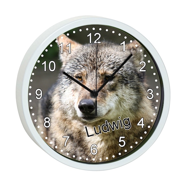 Children's wall clock with colorful frame motif wolf