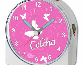 Children's fun alarm clock white motif butterfly pink alarm clock quiet