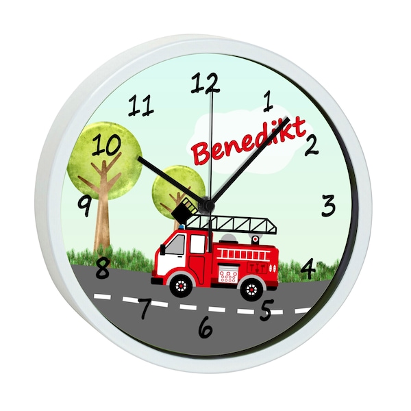 Children's wall clock with colorful frame motif fire brigade landscape