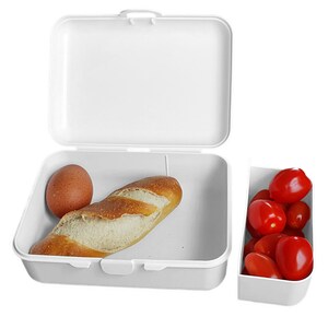 May include: White plastic lunch box with a white lid, a brown bread roll, a brown egg, and a separate compartment filled with red tomatoes.