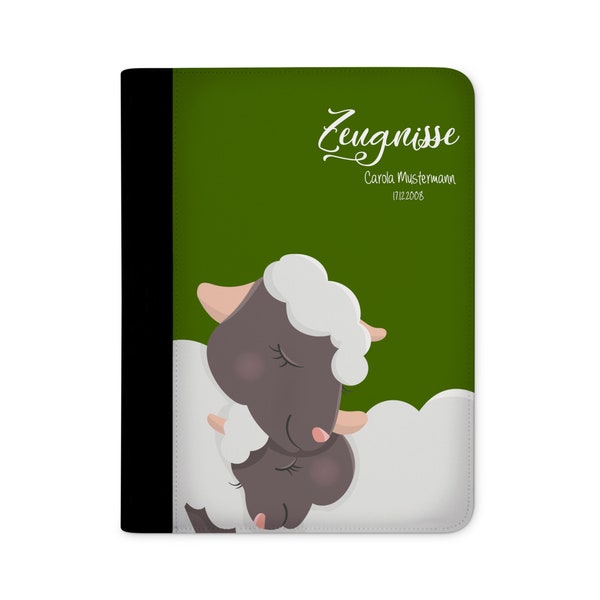 certificate folder personalized with name sheep in love green
