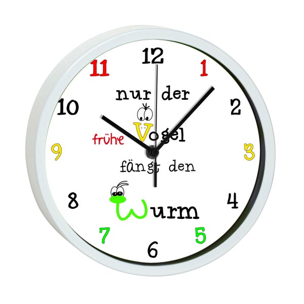 Children's wall clock with colorful frame motif the early bird with name