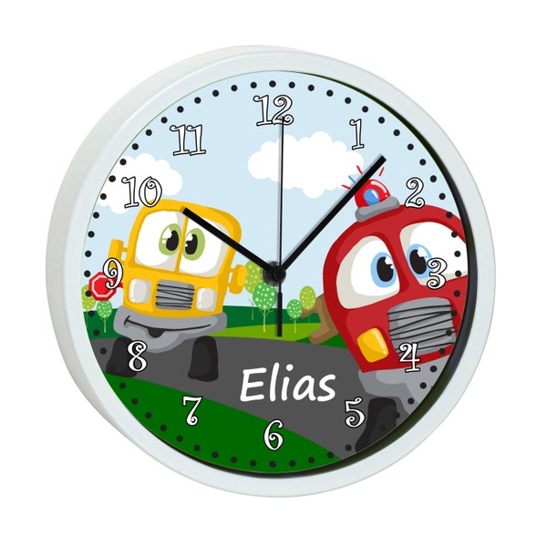 Children's wall clock with colorful frame motif car cartoon