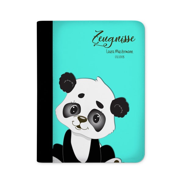 zeugnismappe personalisiert mit Namen Panda Bär  Türkis