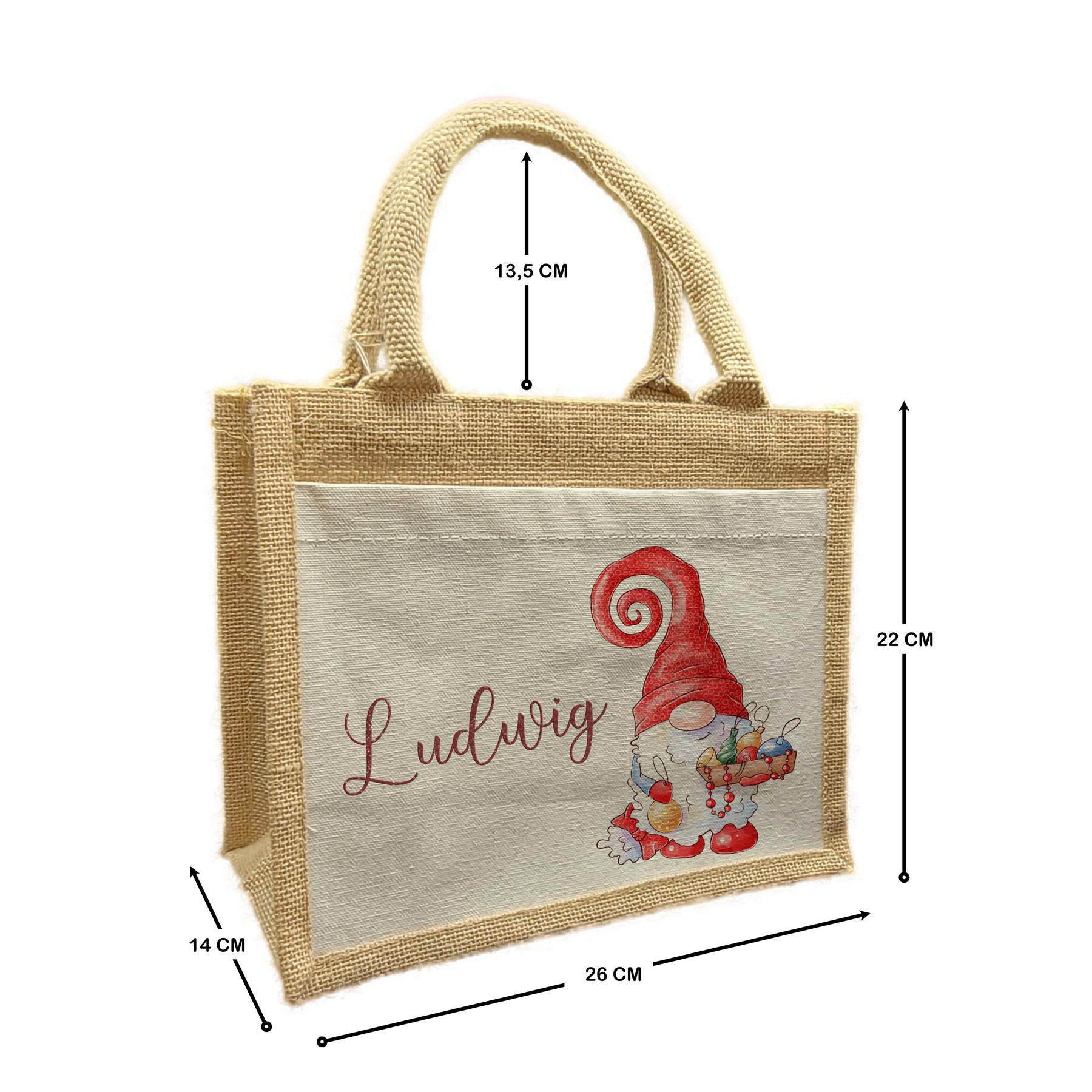 Personalisierte Nikolaus Tasche Aus Jute | Mit Namen Bedruckt | Rote Henkel | Ca. 26x22x14 Cm | Ideal Für Geschenke & Süßigkeiten