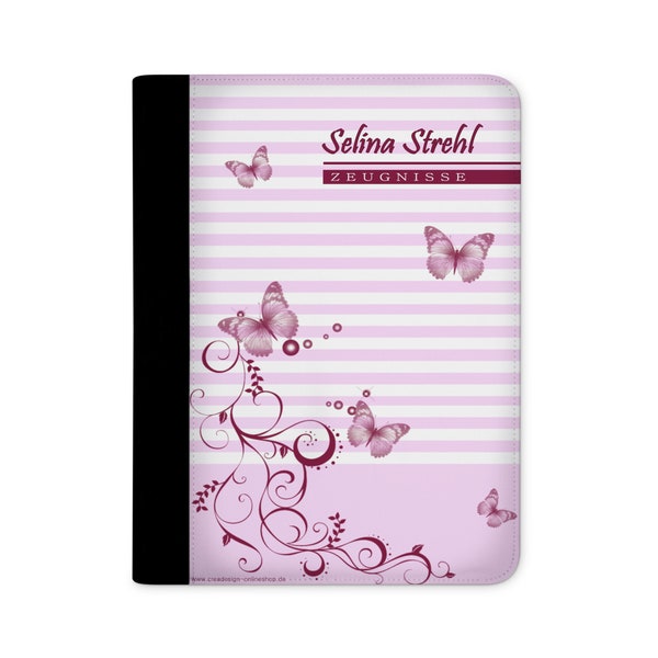 certificate folder personalized with name butterfly pink