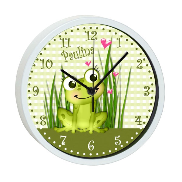 Children's wall clock with colorful frame motif frog-grass-check