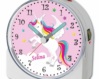 Children's fun alarm clock white motif unicorn pink alarm clock quiet running