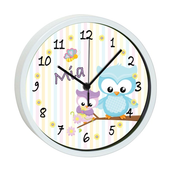 Children's wall clock with colorful frame motif owl spring