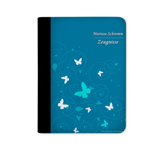 zeugnismappe personalisiert mit Namen Schmetterling Ornamente Blau