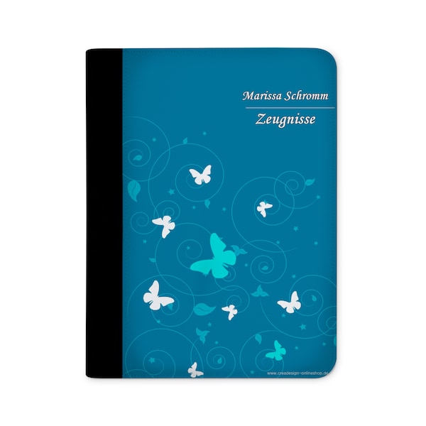 certificate folder personalized with name butterfly ornaments blue