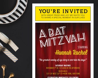 Broadway Bat Mitzvah or Bar Mitzvah Theater Program Invitations with reply card - Theater Themed - Broadway Themed - Printed Invitations