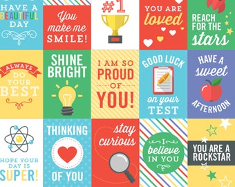 Notas imprimibles para la lonchera infantil - Mensajes positivos para la vuelta al cole - Notas divertidas y originales para el almuerzo de los niños - 25 diseños