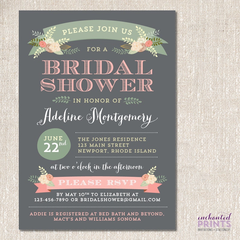 Printable or Printed Invitations Bridal Shower or Rehearsal Dinner Invitation Rustic Wedding Floral