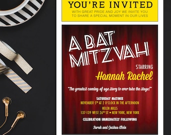 GENERIC SAMPLE- Broadway Bat/Bar Mitzvah Theater Program Invitation, Reply Card, Thank You Card Options with Blank Envelopes
