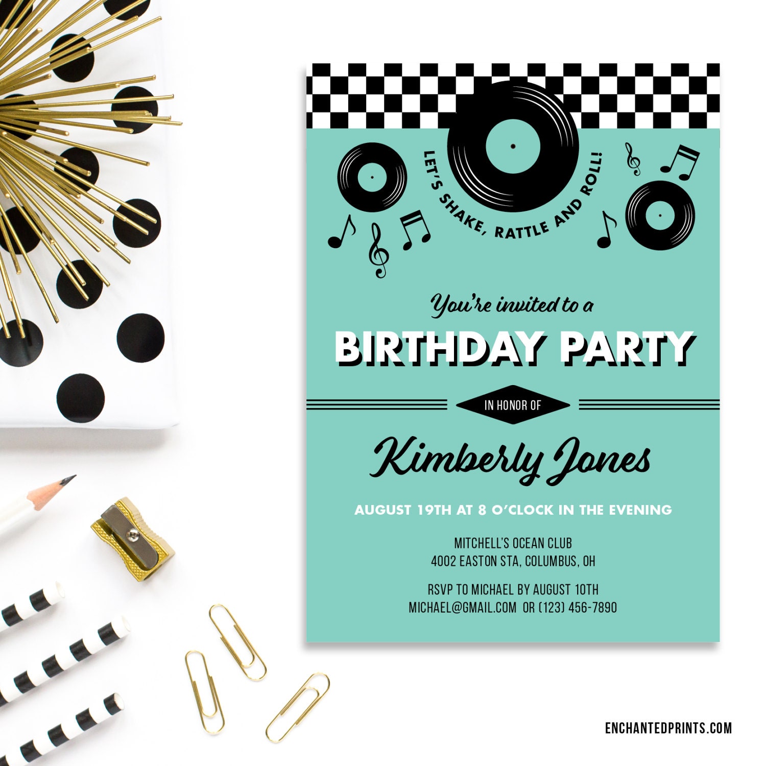 Invitación de cumpleaños retro de la década de 1950, cumpleaños de la  década de 1950, cumpleaños de los años cincuenta, cumpleaños del rock n  roll,, image size:1500x1500