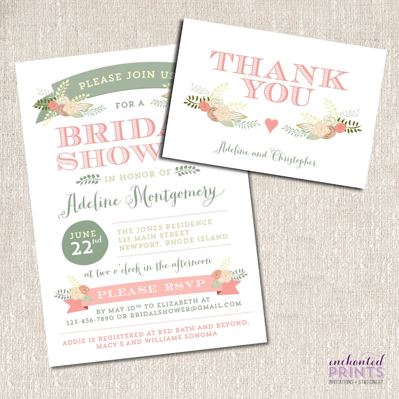 Printable or Printed Invitations Bridal Shower or Rehearsal Dinner Invitation Rustic Wedding Floral