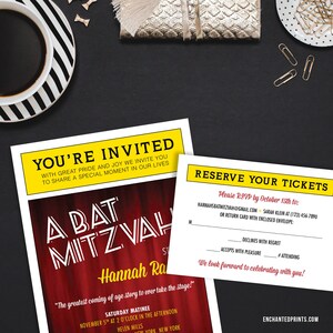 Puede incluir: Una invitaci&oacute;n amarilla y roja para una Bat Mitzvah. La invitaci&oacute;n presenta una cortina roja con un escenario blanco y el texto "A Bat Mitzvah" en blanco. El texto "You're Invited" est&aacute; en amarillo sobre fondo negro. La invitaci&oacute;n tambi&eacute;n incluye el nombre "Hannah Ra" y la fecha "November 5th at 2 o'clock in the afternoon".