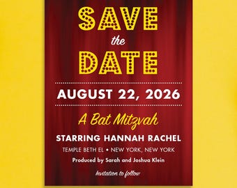 Broadway Bar Mitzvah or Bat Mitzvah Save the Date • Printable or Printed • Theater Theme, Musical Invitation Design