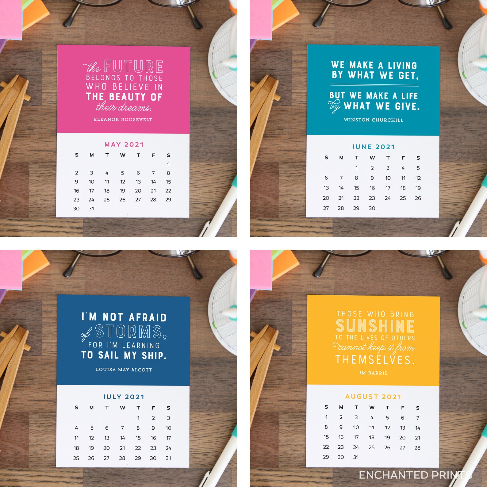 2021 printable calendar cards 12 month motivational quotes etsy