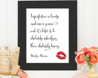 Marilyn Monroe, Imperfection is beauty -  Quote Print, Printable art wall decor, Inspirational quote poster - Instant Download